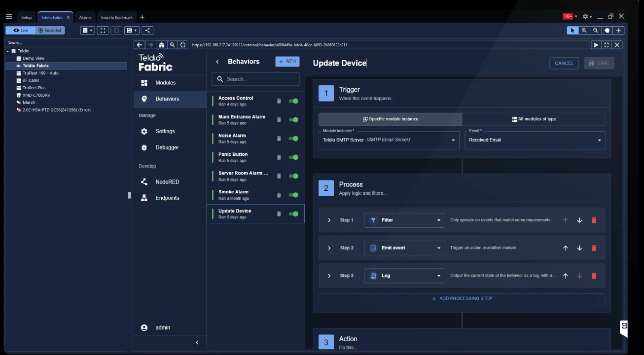 Teldio Fabric Behavior Engine showing Trigger, Process, and Action workflow